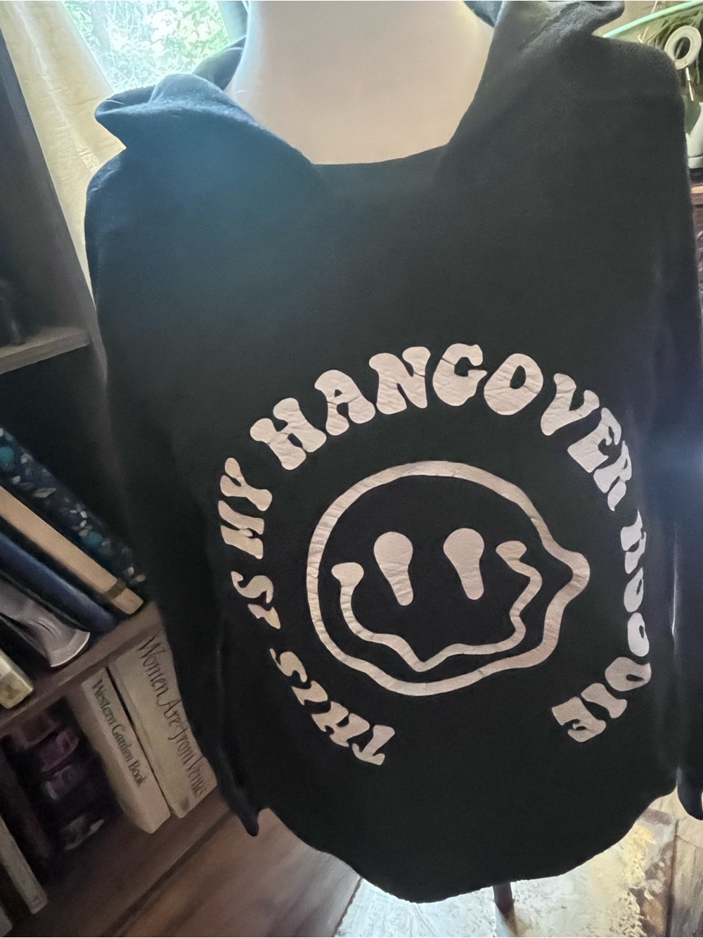Black Graphic Pullover Hoodie with White Smiley Print